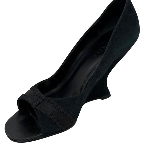 White House Black Market Vidal Black Suede Open Toe Curved Wedge Heels Size 6 - Picture 2 of 12